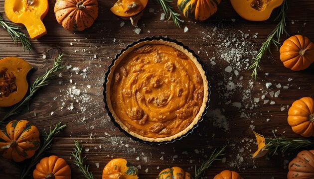 A rich and dense kitchen counter composition featuring a freshly baked savory pumpkin quiche