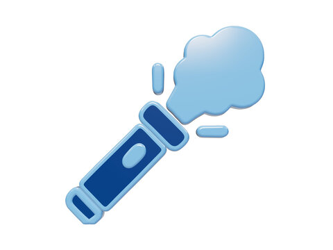 3D rendered blue flashlight icon emitting a cloud of smoke or vapor, stylized weather warning symbol for storm signal isolated on a transparent background