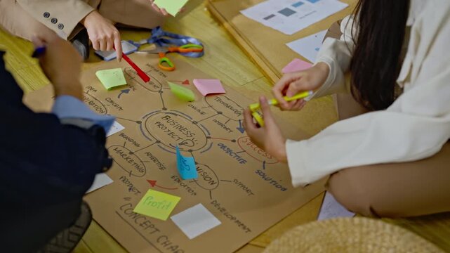 Group of young asian creative business brain storm meeting presentation,discussing roadmap to product launch, planning,strategy,new business development,working with new startup project in office.