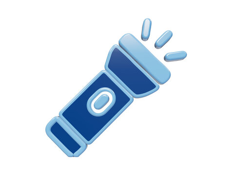 3D rendered blue flashlight icon with emitting light beams for emergency signaling and navigation tools isolated on a transparent background