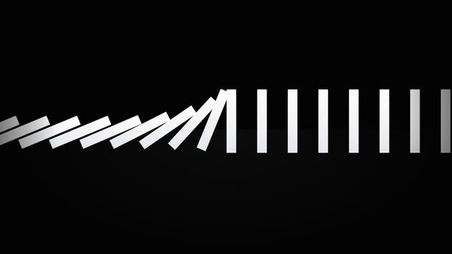 White domino tiles falling in a chain reaction on black background. 4K Video