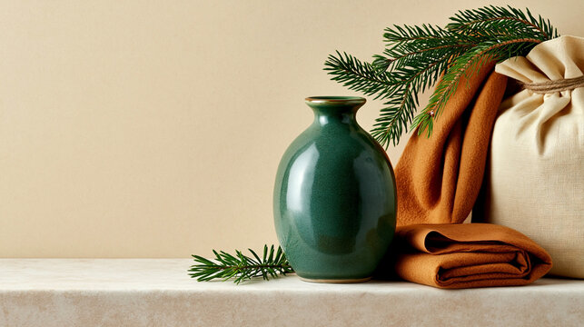 Christmas still life with green ceramic vase, pine branches, brown blanket and fabric gift bag on neutral background with copy space