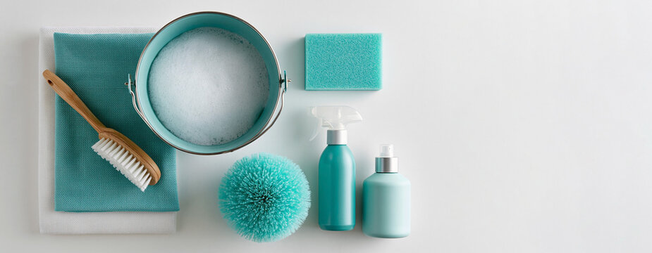 Cleaning supplies with bucket, brushes, sponge, cloth and spray bottles arranged on white background with copy space, household hygiene concept