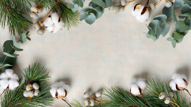 Christmas botanical frame with pine branches, eucalyptus and cotton flowers on beige fabric background, natural holiday border with copy space