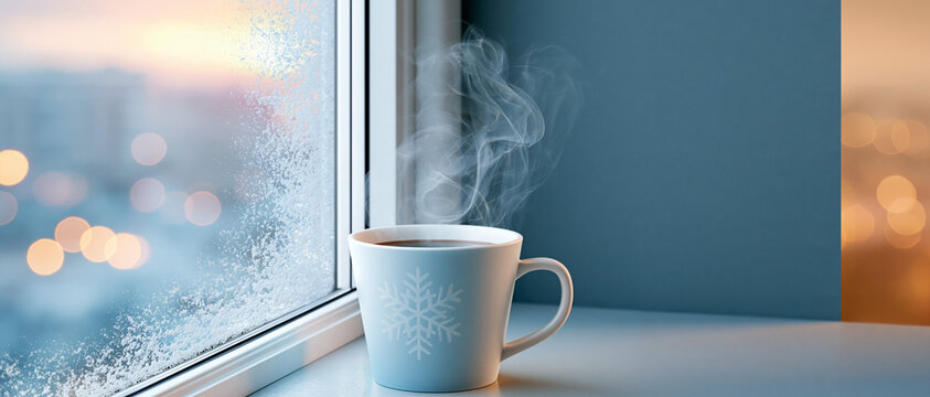 Steaming hot coffee in snowflake mug beside frosty winter window, cozy seasonal drink with warm bokeh lights and cold blue atmosphere