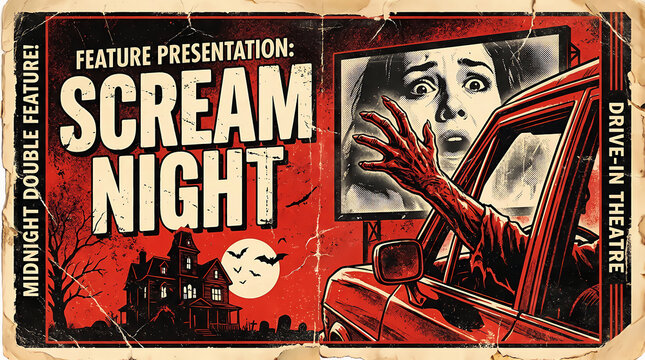 A vintage drive in movie poster depicts a screaming woman and haunted house against a crimson backdrop