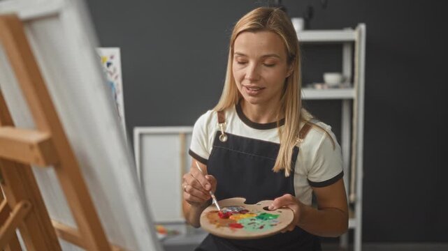 Woman painter in apron holds wooden palette and brush, mixes paint and paints canvas with right hand at easel in studio; creative focus serenity.