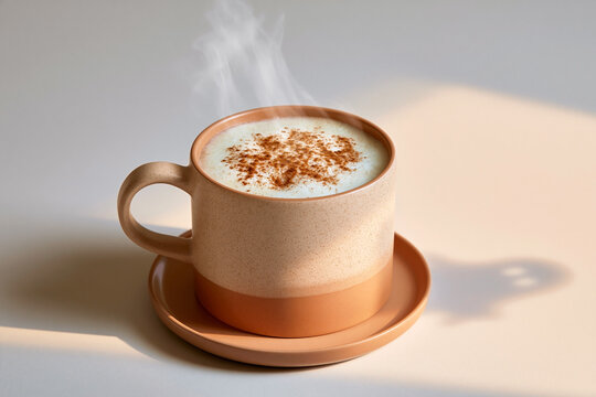 Halloween coffee with creamy foam in ghost mug beside orange and white pumpkins, cozy autumn still life in warm sunlight with copy space