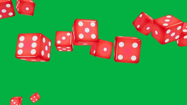 Group of red dice falling through the air on green screen. 4K Video
