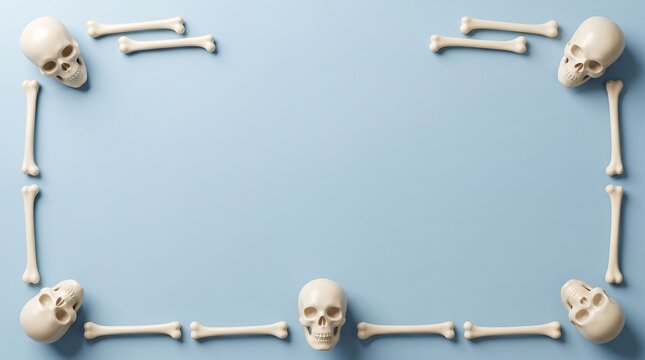 A rectangular frame made of human skulls and bones arranged on a solid light blue background for halloween