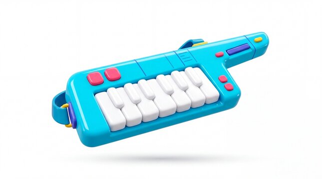 Glossy 3D toy style modern keytar instrument, vibrant colorful electronic synthesizer isolated illustration