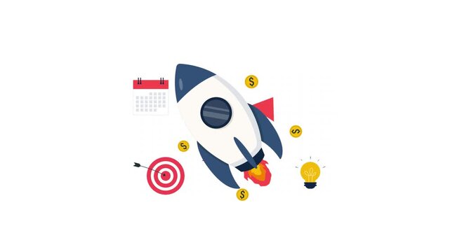 Animated Rocket Launching with Business Growth Symbols. Business Startup 