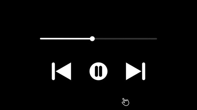 Media player control panel animation with play pause next buttons and time line slider on black and white background