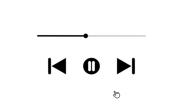 Media player control panel animation with play pause next buttons and time line slider on black and white background