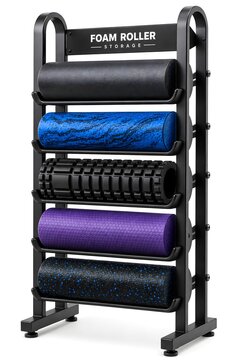Black Metal Foam Roller Storage Rack with Multiple Yoga Massage Rollers for Home Gym Fitness Organization Isolated on White