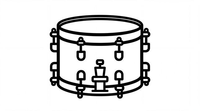 Minimalist black and white line art icon of an acoustic drum set, simple percussion instrument graphic