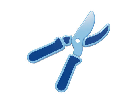 3D rendered blue garden pruning shears icon with smooth rounded edges and glossy finish for landscaping and gardening tasks isolated on a transparent background