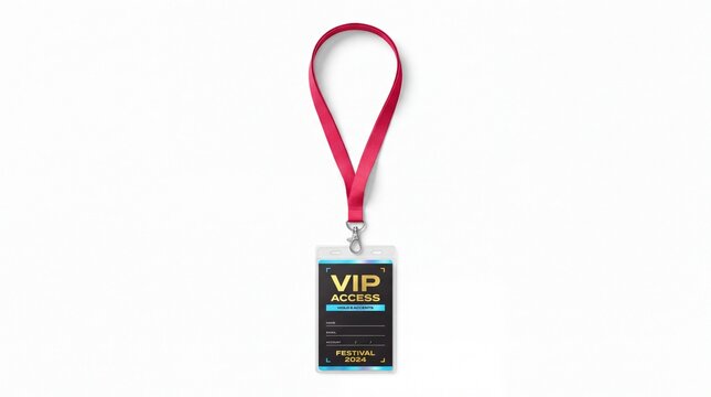 VIP festival lanyard pass with ID card badge holder, event access ticket isolated 3D illustration