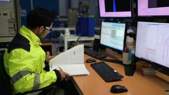 Industrial worker in high visibility clothing using multiple computer monitors at a workstation, supporting workplace operations and industrial technology.