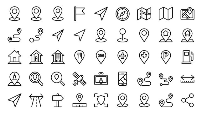 GPS Navigation and Map Location Outline Icon Set with Editable Linear Symbols for Travel Route Tracking and Mobile Applications