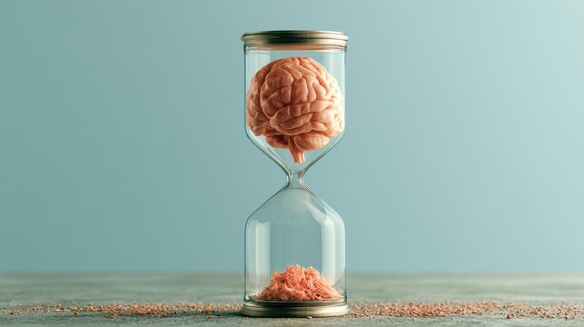 Hourglass with a human brain inside, symbolizing the concept of time, thought, and mental processes in a creative and artistic way conceptual image