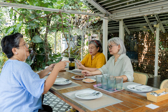 Senior women sit at garden cafe table using smartphone while companions arrive nearby, sharing conversation before meal as digital lifestyle supports social connection, friendship, aging society.