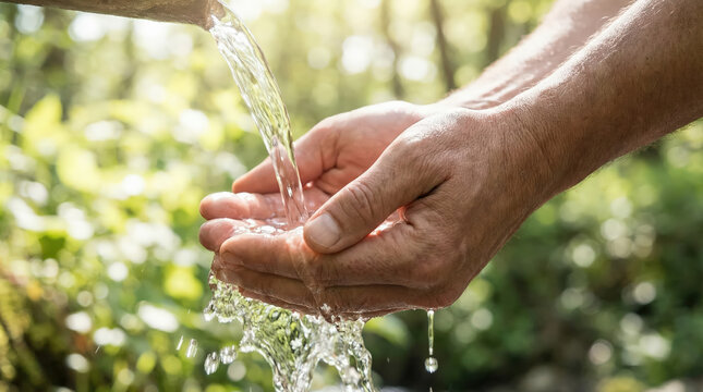 A close-up view of a person's hands cupped together catching and holding clear water flowing from a natural wooden spring, with sunlight filtering through a green forest background. 