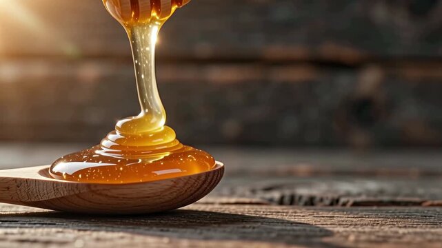 Golden Honey Pouring onto Rustic Wooden Spoon in Slow Motion