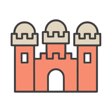 Cartoon castle with three towers and arched entrance