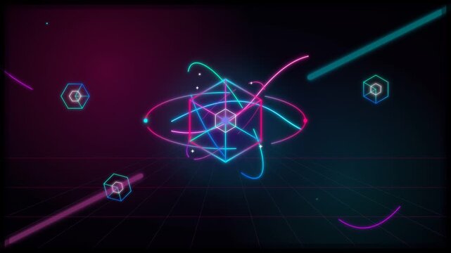 3D Neon Gyroscope Animation with Floating Wireframe Cubes, Moving Grid, and Flowing Glowing Pink Cyan Lines Seamless Loop