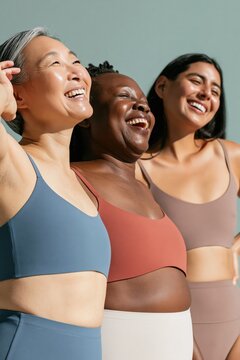 Three diverse women in soft bralettes laughing together promoting body positivity and confidence for inclusive wellness and apparel campaign