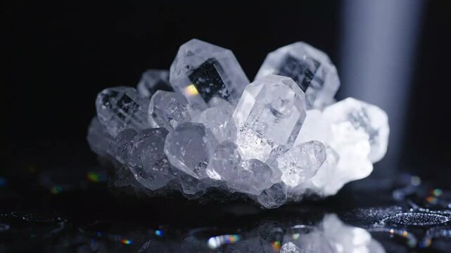 Close-up of ice crystals on dark reflective surface