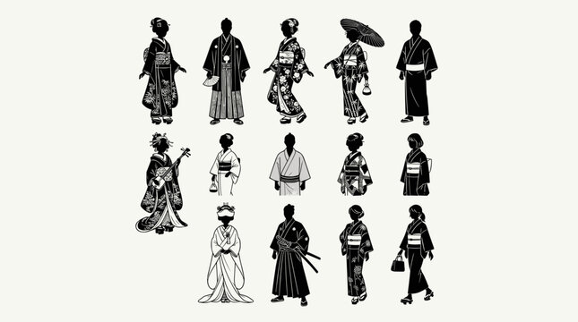 Japanese kimono figure vector set with traditional geisha and cultural clothing silhouettes for Asian design