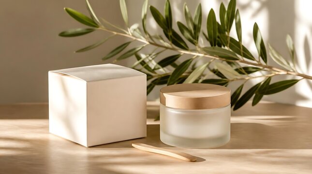 Natural skincare product packaging with olive branch and soft sunlight.