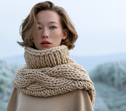 Young woman with short wavy hair wrapped in a chunky cream knit snood scarf on a frosty winter morning.