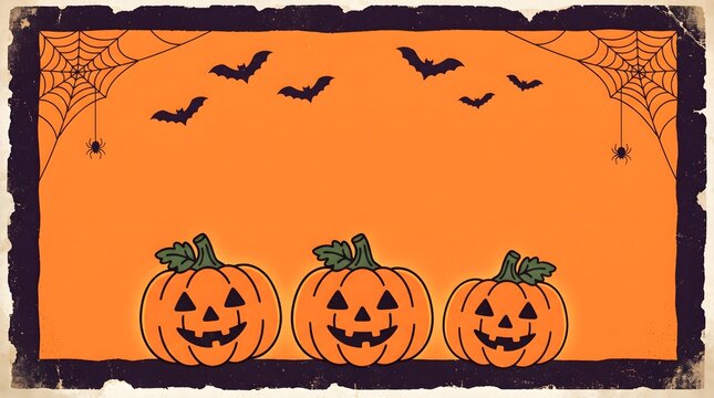 A spooky halloween scene with jack o' lanterns and bats flying across an orange background
