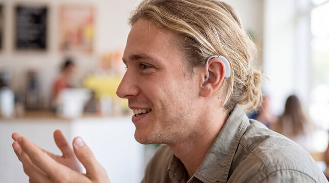 Smiling young man wearing a behind-the-ear hearing aid talks and gestures at a cafe despite bilateral hearing loss. Concept of deafness, hearing impairment, sensorineural hearing loss, and disability.