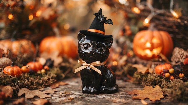 A spooky halloween scene featuring a black crow amongst pumpkins and autumn leaves