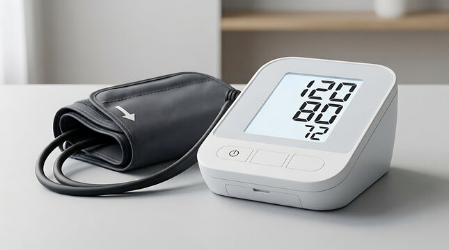 Digital blood pressure monitor displaying normal readings with a grey arm cuff on a clean white desk in a medical setup