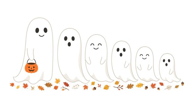 A delightful halloween scene featuring adorable ghosts surrounded by colorful candies and a small pumpkin