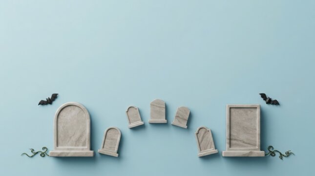 Miniature gravestones arranged in a playful arc during Halloween on a pastel blue background with bats and vines