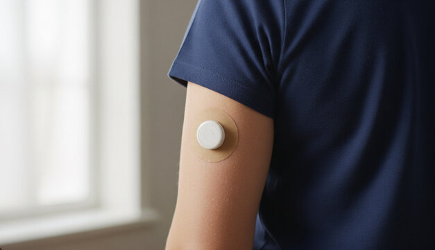 A person wearing a continuous glucose monitor patch on the back of the arm at home, showing modern medical device for diabetes tracking with bright blurred window background.