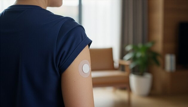 A person wearing a continuous glucose monitor patch on the back of the arm at home, showing modern medical device for diabetes tracking with cozy blurred living room background.
