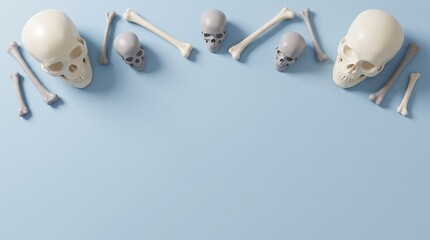 Obraz premium Top view of human skulls and various bones arranged in a semi circle on a light blue background