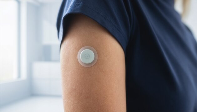 Close up of a person wearing a continuous glucose monitor patch on the arm for diabetes care, innovative smart medical device and healthcare concept with blurred background.