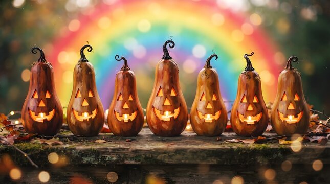 A vibrant and colorful halloween display featuring illuminated gourds and a mesmerizing blurred rainbow backdrop