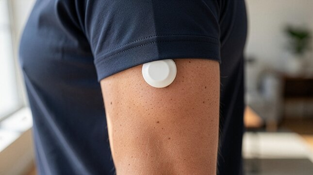 Close up of a man wearing a continuous glucose monitor patch on his upper arm for diabetes tracking, modern medical smart technology and healthcare concept with blurred indoor.