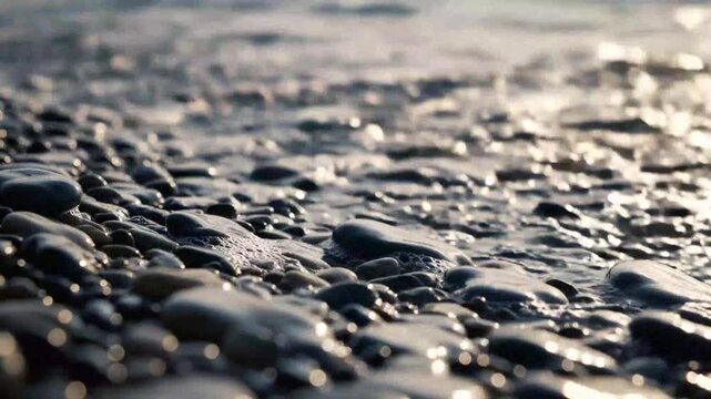 Close-up of wet pebbles on foamy beach shore