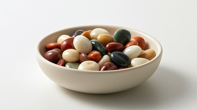 A circular ceramic vessel filled with an assortment of polished colorful smooth river stones resting on a hard surface that provides a sense of balance and harmony within the natural indoor