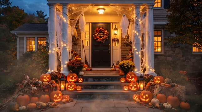 A spooktacular halloween porch display jack o' lanterns cobwebs and eerie lighting create a festive atmosphere